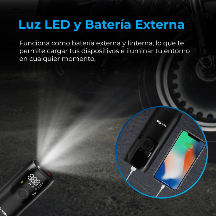 Compresor Portátil Recargable AutoSky AAC‑301 – Inflador 3 en 1 con Powerbank y Linterna LED - Image 5