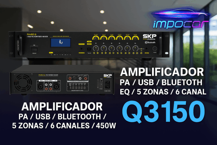 🎛️ AMPLIFICADOR SKP PA450.5 Línea PA / USB / Bluetooth / EQ / 5 Zonas / 6 Canales / 450W