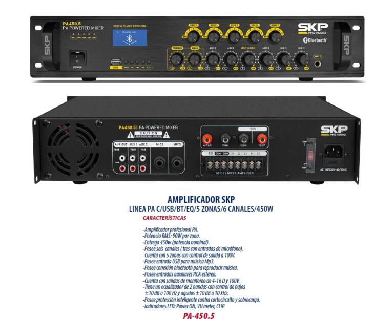 🎛️ AMPLIFICADOR SKP PA450.5 Línea PA / USB / Bluetooth / EQ / 5 Zonas / 6 Canales / 450W - Image 2